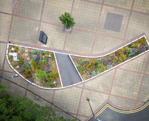 Aerial view of an urban SuDS rain garden surrounded by paved public space