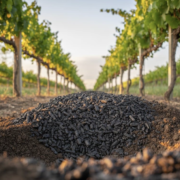 Biochar applied to vineyard soil to improve water retention, soil health and climate resilience.