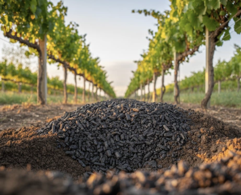 Biochar applied to vineyard soil to improve water retention, soil health and climate resilience.