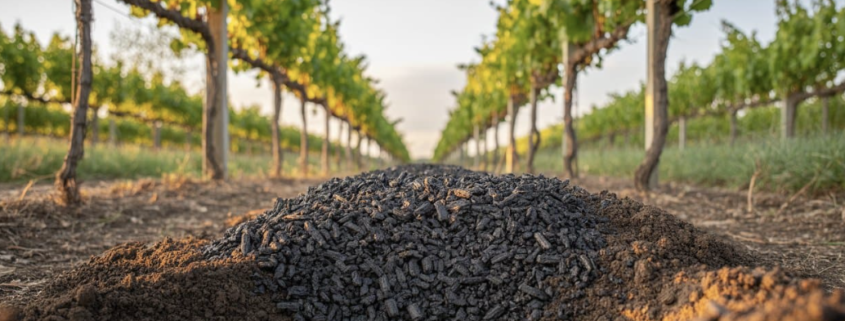 Biochar applied to vineyard soil to improve water retention, soil health and climate resilience.